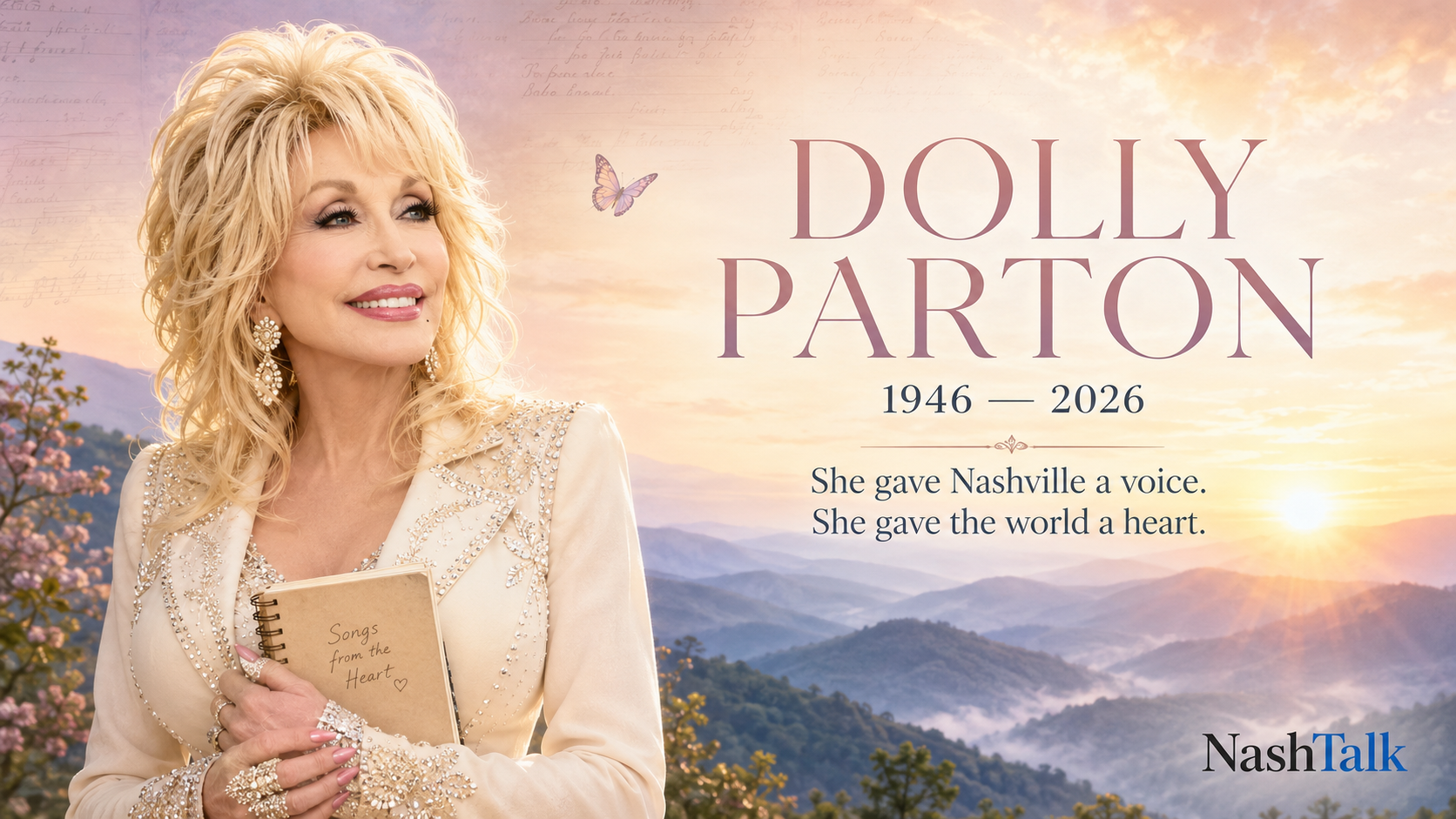 NashTalk tribute to Dolly Parton, holding a songwriter’s notebook against a sunrise over the Smoky Mountains, honoring her life from 1946 to 2026.