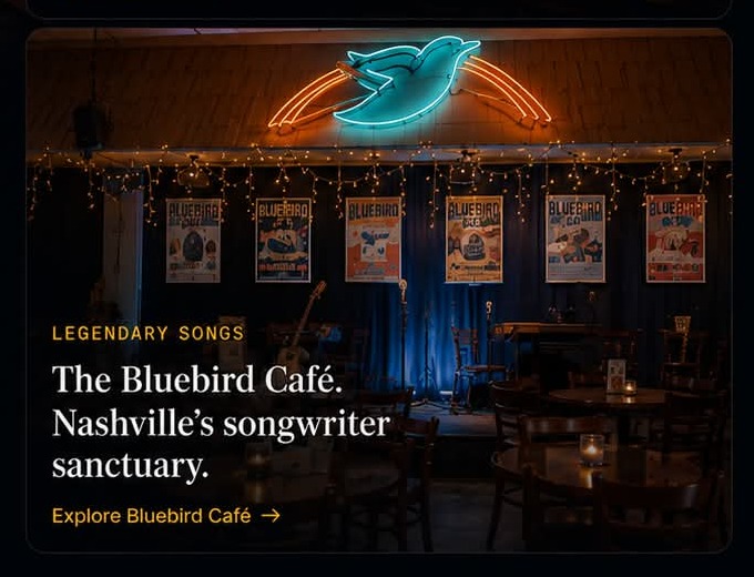 Bluebird Cafe interior with neon bird sign
